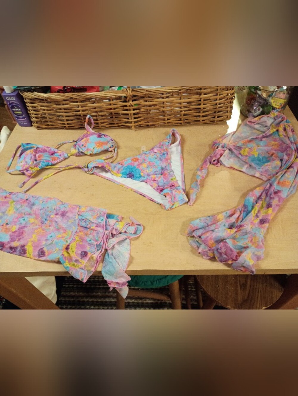 4 Piece Floral Watercolor String Bikini Set - Multicolor